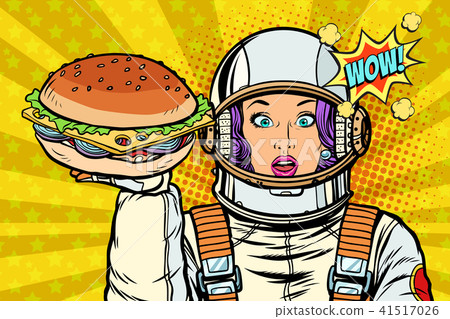 Hungry woman astronaut with Burger 41517026