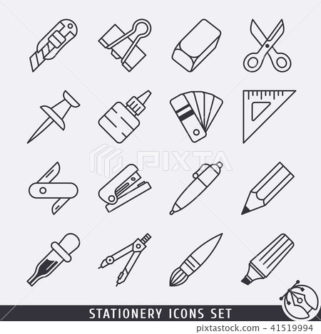 Stationery icons set black and white lineart Stationery icons set black and white lineart 41519994