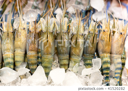 Tiger prawn on ice in seafood market 41520282
