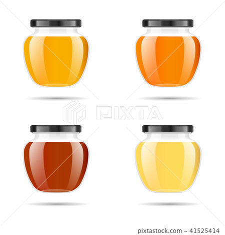 Realistic transparent glass jar with honey. Food bank. Honey packaging design. Honey logo. Mock up Realistic transparent glass jar with honey. Food bank. Honey packaging design. Honey logo. Mock up 41525414