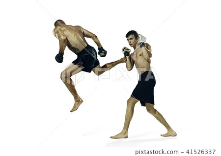 Two professional boxer boxing isolated on white studio background Two professional boxer boxing isolated on white studio background 41526337