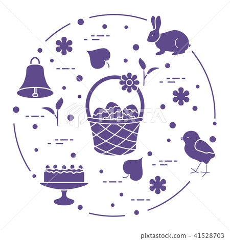 Easter Simnel cake, basket, eggs, bell, chick. 41528703