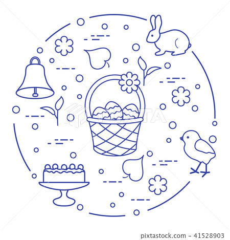Easter Simnel cake, basket, eggs, bell, chick. 41528903