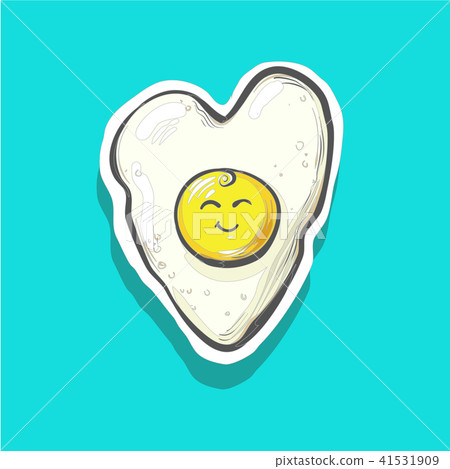 Cartoon fried egg smiles in hert shape Vector card and print sticker, fashion patch badge 41531909