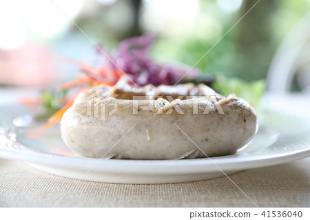 Grilled Pork Sausage on dish in close up 41536040