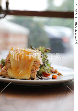 Ham cheese sandwich with salad on wood background 41536187