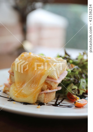 Ham cheese sandwich with salad on wood background 41536234