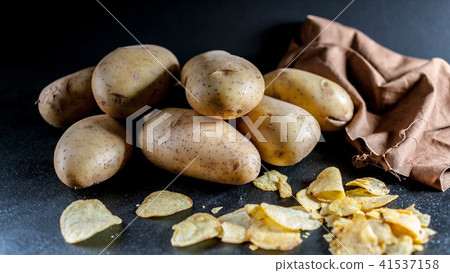 Fresh potatoes and chips on a dark background. 41537158