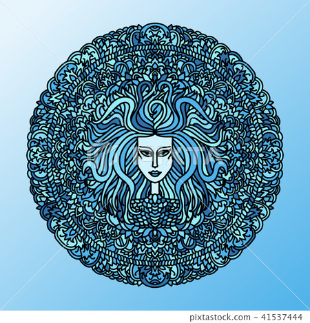 Abstract mandala ornament. Asian pattern with long hair girl face. Blue navy background. Vector Abstract mandala ornament. Asian pattern with long hair girl face. Blue navy background. Vector 41537444