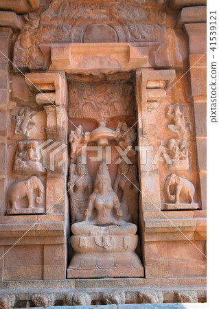Goddess Sarsvati seated on a lotus, niche on the southern wall, Brihadisvara Temple, Tanjore, Tamil 41539121