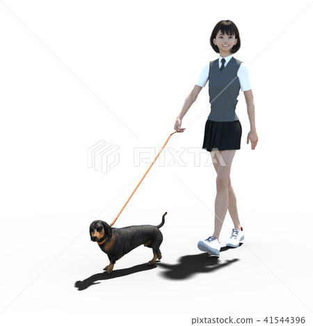Female student walking with a dog perming3DCG Illustration material 41544396