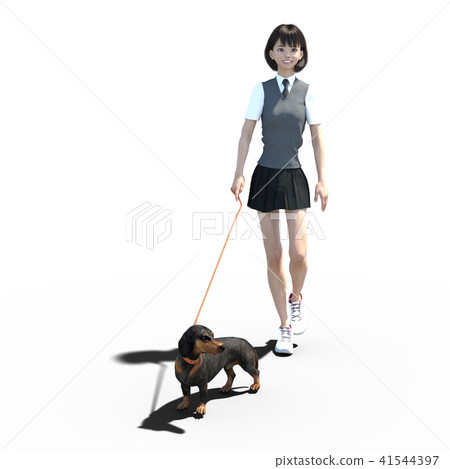 Female student walking with a dog perming3DCG Illustration material 41544397