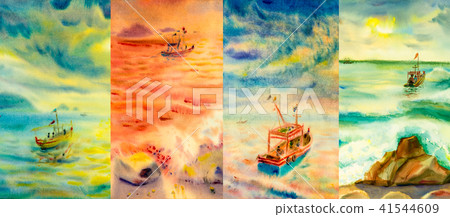 Watercolor painting seascapes at different time. 41544609
