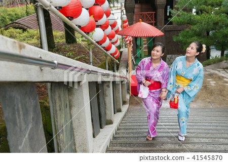two kimono Asian girl walking on staircase 41545870