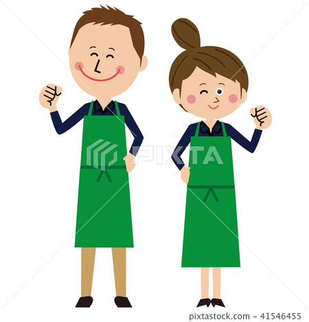 Navy blue long-sleeved men and women who played pop green apron got pose 41546455