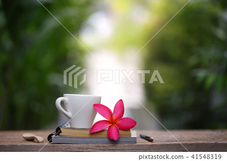 White cup with frangipani flower and notebooks White cup with frangipani flower and notebooks 41548319