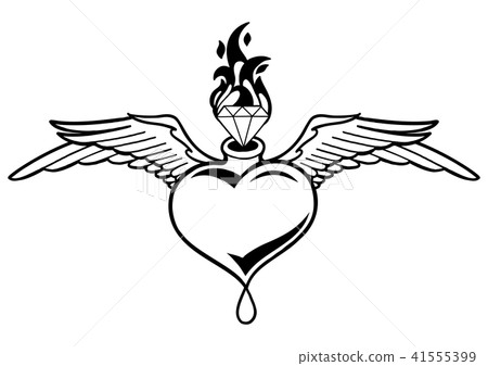 Graphic winged heart with flaming gemstone Graphic winged heart with flaming gemstone 41555399