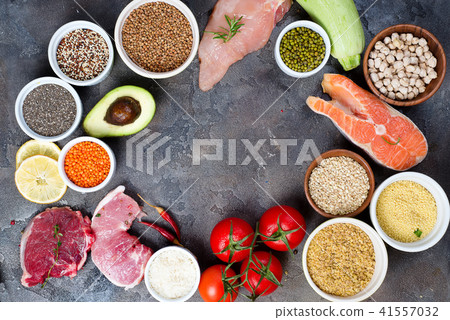 Frame of Healthy food Clean eating selection Including Certain Protein Prevents Cancer on a dark 41557032