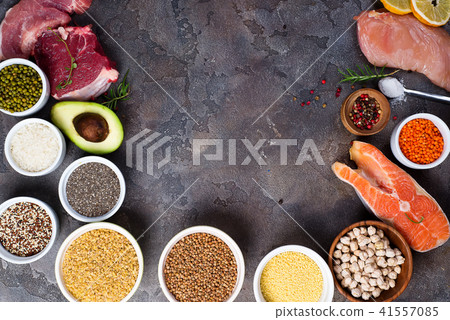 Frame of Healthy food Clean eating selection Including Certain Protein Prevents Cancer on a dark Frame of Healthy food Clean eating selection Including Certain Protein Prevents Cancer on a dark 41557085