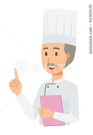 一位穿著廚師外套的老廚師指著一個文件 一位穿著廚師外套的老廚師指著一個文件 41562070