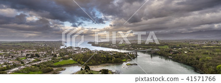 Aerial view of Telford's Suspension Bridge Across The Menai Starights - Wales, UK Aerial view of Telford's Suspension Bridge Across The Menai Starights - Wales, UK 41571766
