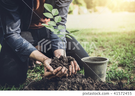 Young man planting the tree in the garden as earth day and save 41572455