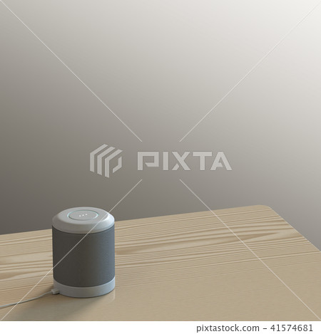 A smart speaker placed on a wooden table A smart speaker placed on a wooden table 41574681