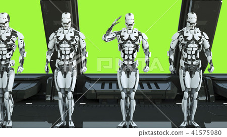 Robots soldiers on a spaceship salute against the background of green screen. A futuristic concept 41575980