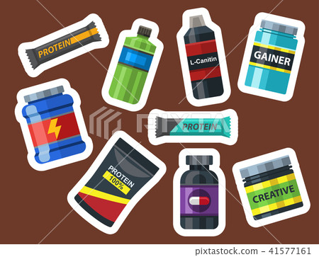 Bodybuilders gym athlete sport food diet symbols fitness nutrition protein powder drink vector Bodybuilders gym athlete sport food diet symbols fitness nutrition protein powder drink vector 41577161