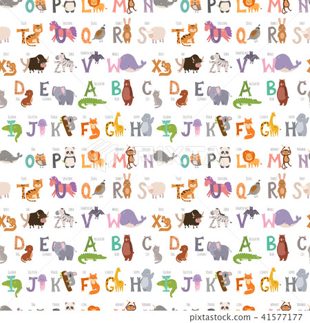 Zoo alphabet with cartoon animals seamless pattern background funny letters wildlife learn Zoo alphabet with cartoon animals seamless pattern background funny letters wildlife learn 41577177