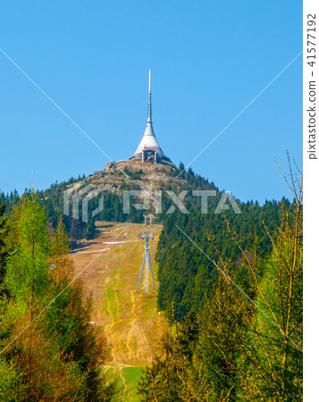 Jested - unique architectural building. Hotel and TV transmitter on the top of Jested Mountain 41577192