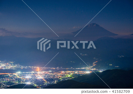 (Yamanashi Prefecture) Kofu basin and Mt. Fuji night view from comb forest road (Yamanashi Prefecture) Kofu basin and Mt. Fuji night view from comb forest road 41582709