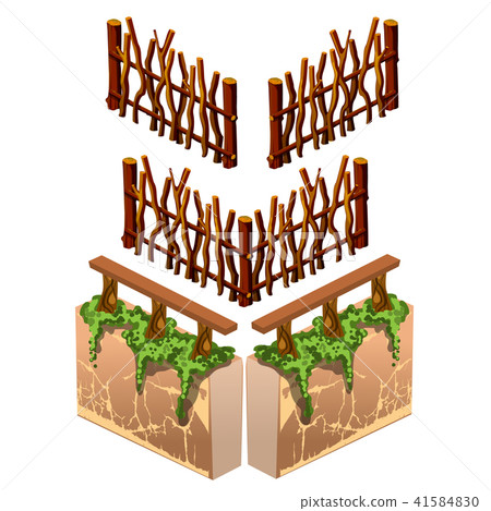 Set of wooden fences and fragments of stone walls with wooden railings isolated on a white 41584830