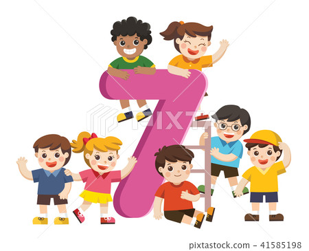 School kids and colorful number Seven shaped. 41585198