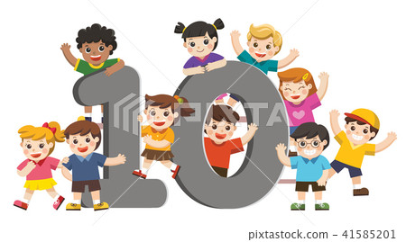 School kids and colorful number ten shaped. 41585201