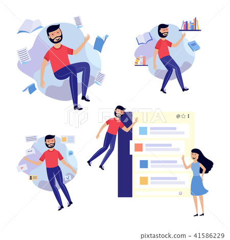 People in information surroundings set- flat cartoon characters flying in environment of information 41586229