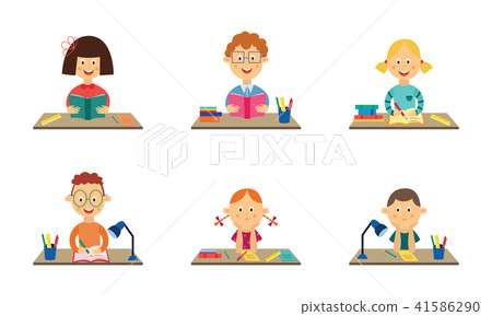 Vector flat kids studying at desks set Vector flat kids studying at desks set 41586290