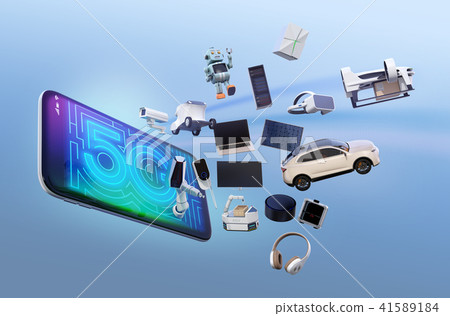 Smart appliances and electric cars that pop out of a smartphone. "5 G" concept Smart appliances and electric cars that pop out of a smartphone. "5 G" concept 41589184