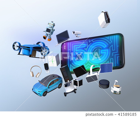 Smart appliances and electric cars that pop out of a smartphone. "5 G" concept Smart appliances and electric cars that pop out of a smartphone. "5 G" concept 41589185