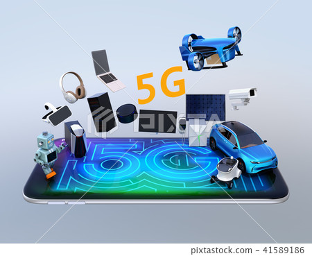 Smart smart appliances, robots, drone, automatic driving car. Concept of next generation high speed communication "5G" Smart smart appliances, robots, drone, automatic driving car. Concept of next generation high speed communication "5G" 41589186