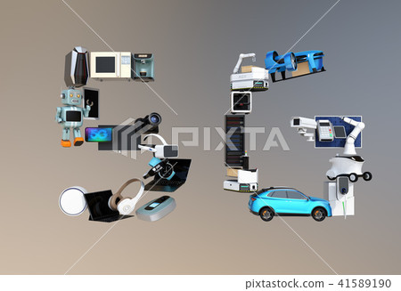 "5 G" character combined with smart appliances, drones, and cars. "5 G" concept "5 G" character combined with smart appliances, drones, and cars. "5 G" concept 41589190