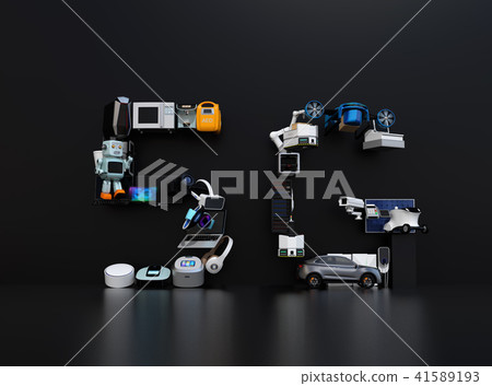 "5 G" character combined with home appliances, drones, and cars on black back. "5 G" concept "5 G" character combined with home appliances, drones, and cars on black back. "5 G" concept 41589193