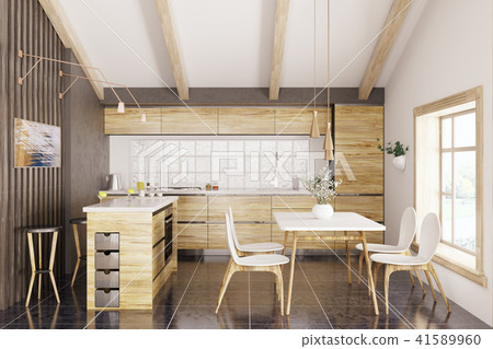 Modern wooden kitchen interior 3d rendering 41589960