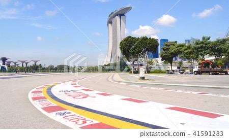 SINGAPORE - APR 2nd 2015: Formula One Racing track at Marina Bay Street Circuit. The symbol of SINGAPORE - APR 2nd 2015: Formula One Racing track at Marina Bay Street Circuit. The symbol of 41591283
