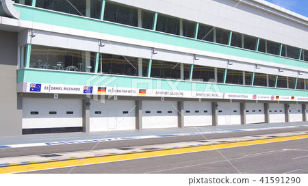 SINGAPORE - APR 2nd 2015: Pit lane and start finish line of the Formula One Racing track at Marina 41591290