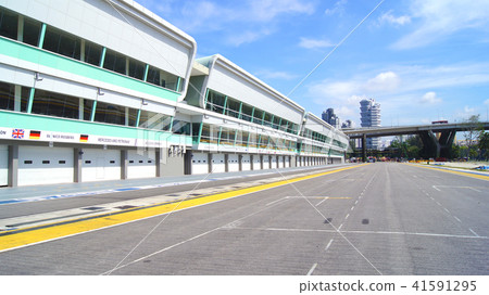 SINGAPORE - APR 2nd 2015: Pit lane and start finish line of the Formula One Racing track at Marina 41591295