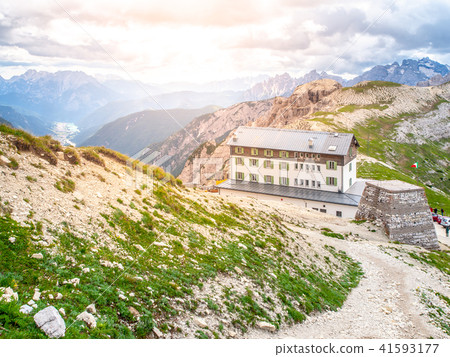 Auronzo mountain hut, aka Rifugio Auronzo, at Tre Cime massive, Dolomites, Italy. Auronzo mountain hut, aka Rifugio Auronzo, at Tre Cime massive, Dolomites, Italy. 41593177