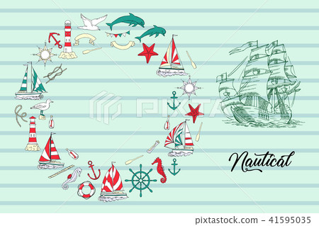 Nautical background with ships and wheel 41595035