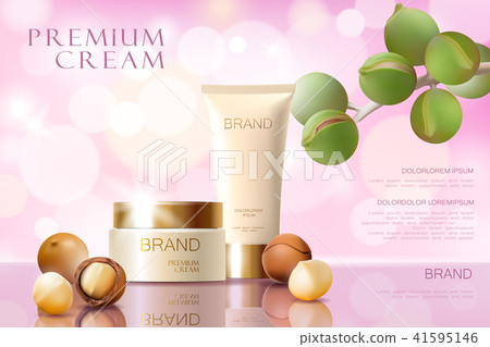 Realistic 3d macadamia nut oil cosmetic ad template. Light pink shiny serum cream mockup beauty skin Realistic 3d macadamia nut oil cosmetic ad template. Light pink shiny serum cream mockup beauty skin 41595146