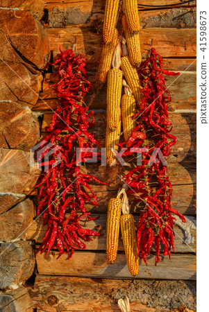 Hanging red chilli on wooden wall Hanging red chilli on wooden wall 41598673